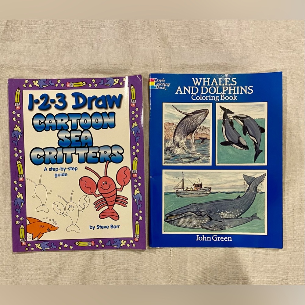 2  books - 1-2-3 DRAW cartoon sea creatures & whales & dolphins coloring book